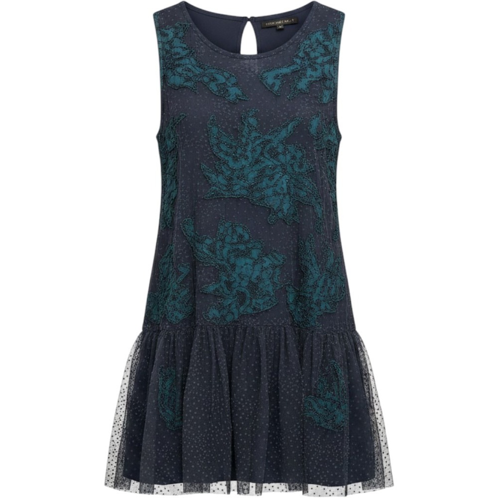 Anthropologie Neomia Embroidered Tulle Tunic Top XS Grey Teal Sleeveless‎